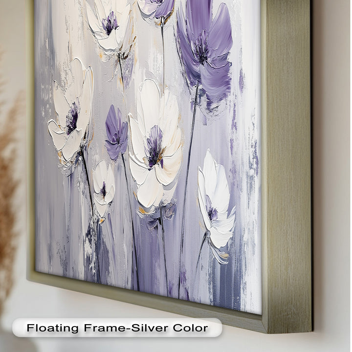 White and Purple Florals on Misty Background - Flower Oil Painting