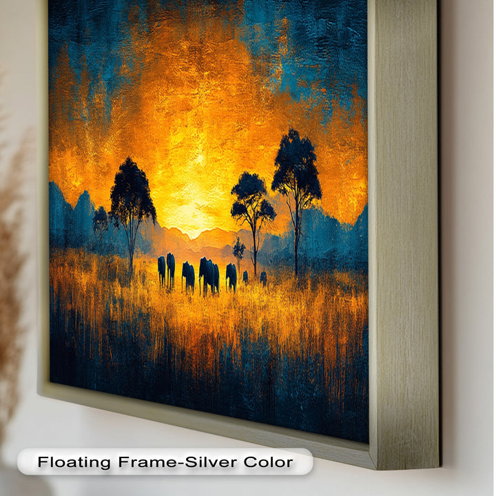 Golden Savannah Sunset – Elephant Silhouette Oil Painting