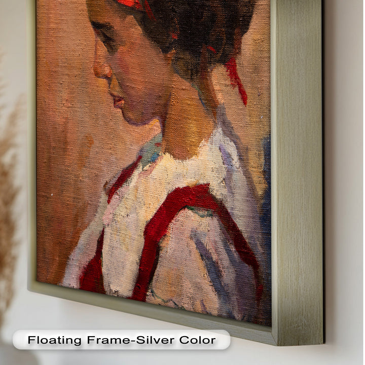 Crimson Reverie – Side Portrait of a Girl in Red Headband Oil Painting