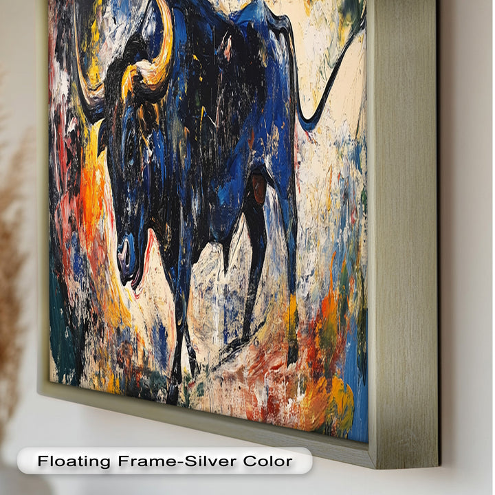 Fierce Blue Bull in Motion – Abstract Oil Painting