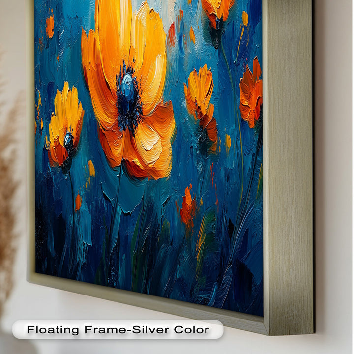 Orange Flowers on Deep Blue - Flower Oil Painting