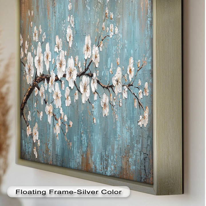 White Blossoms on Blue Textured Branch - Flower Oil Painting