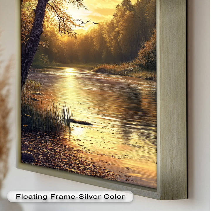 Ölgemälde einer herbstlichen Flusslandschaft – Sonnenuntergangs-Wandkunst