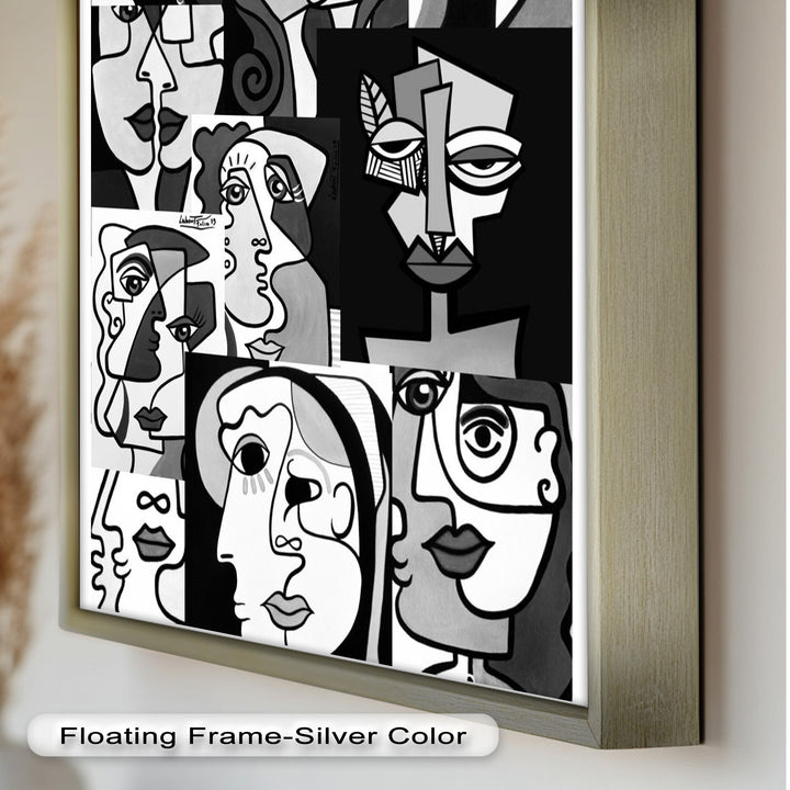 Monochrome Whispers – Collage of Cubist Faces Abstract Oil Painting