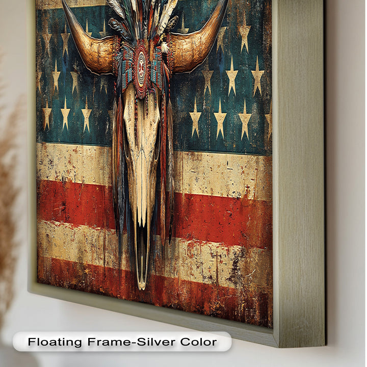 Tribal Longhorn Totenkopf mit Kopfschmuck – Amerikanisches Ölgemälde