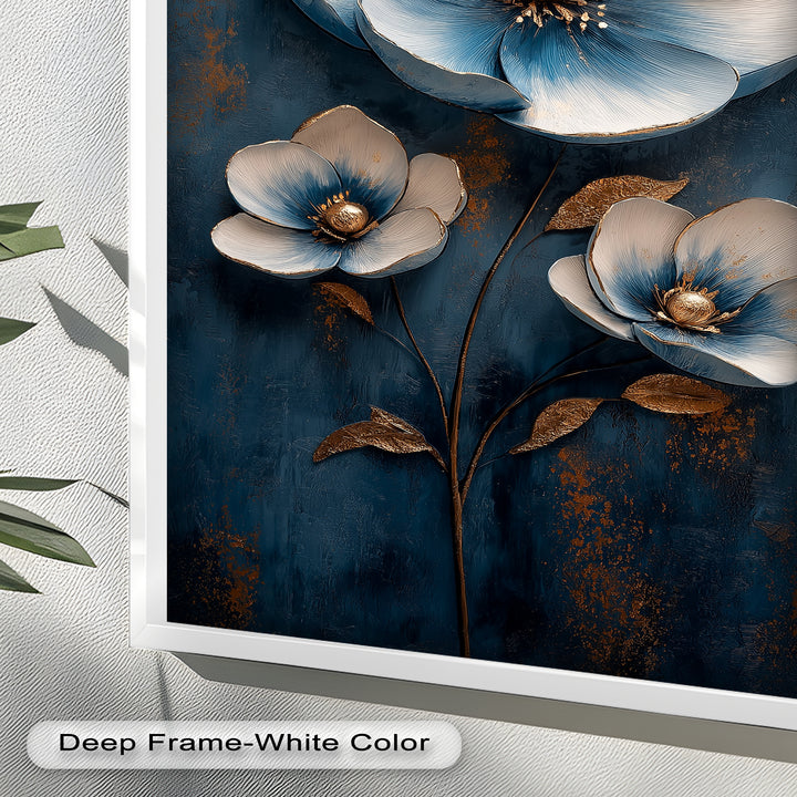 Deep Blue and Metallic Floral Elegance - Flower Oil Painting