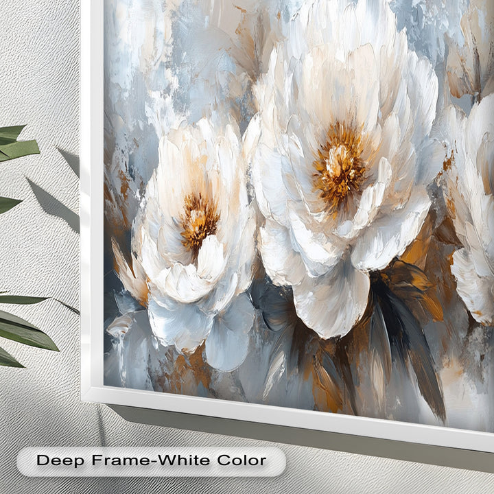 White Petals on Soft Neutral Background - Flower Oil Painting