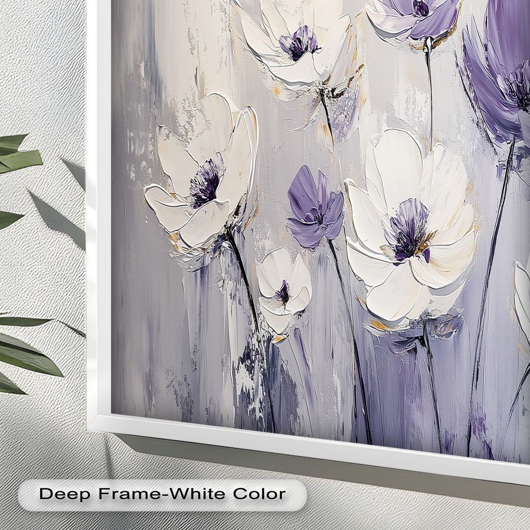 White and Purple Florals on Misty Background - Flower Oil Painting