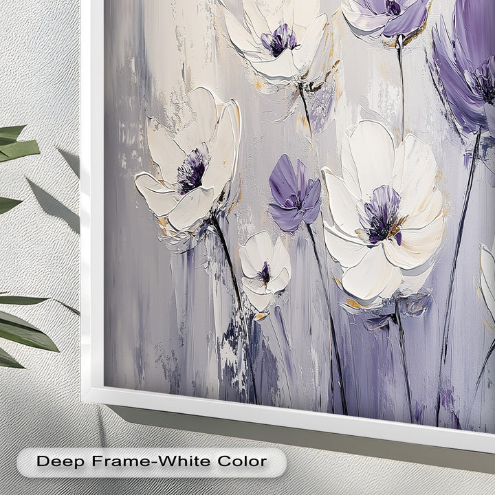 White and Purple Florals on Misty Background - Flower Oil Painting