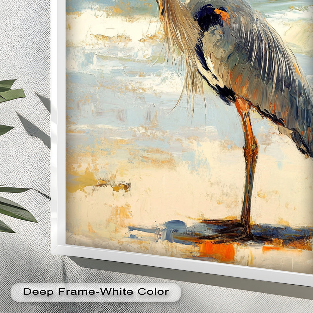 Coastal Heron with Ocean Breeze - Modern Oil Painting