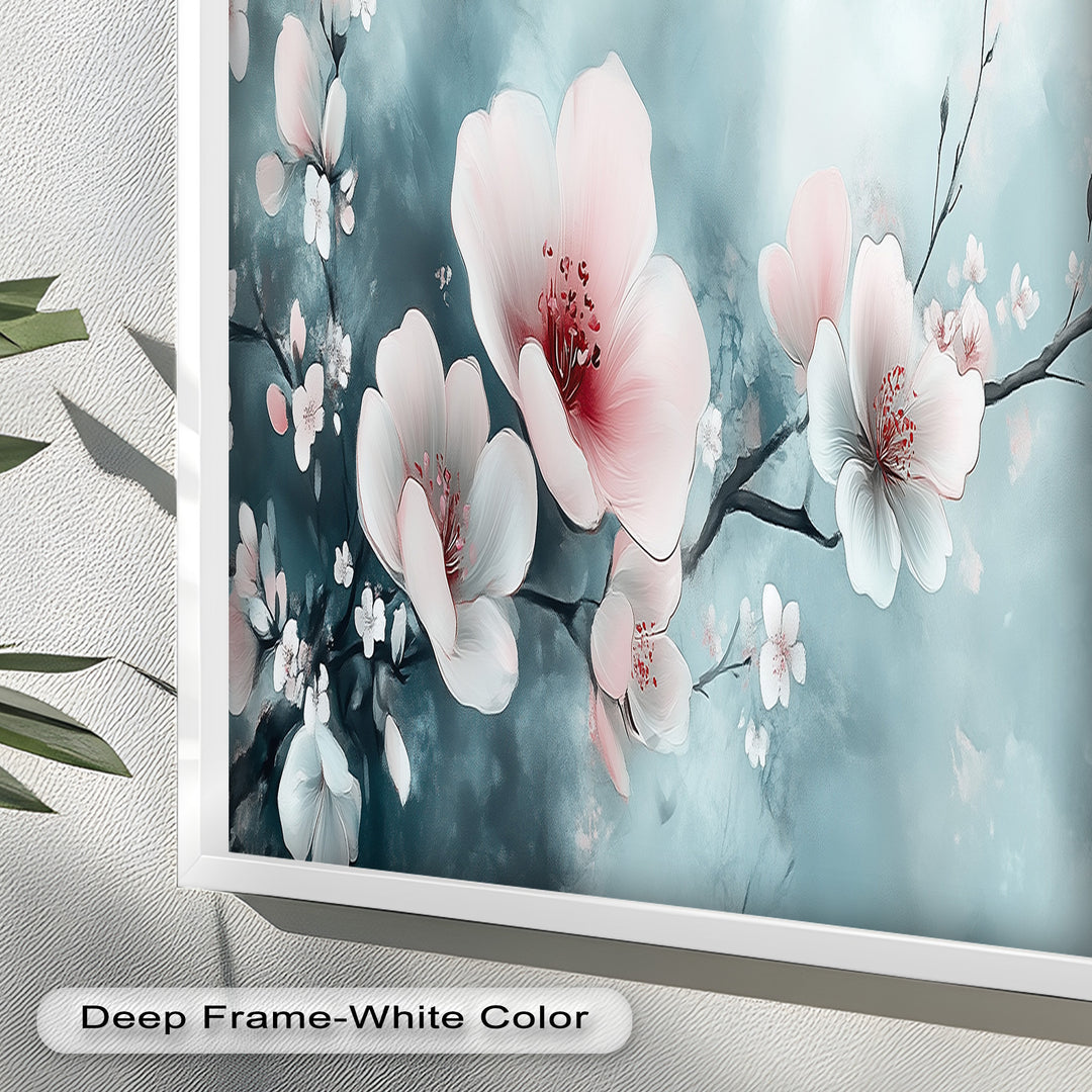 Soft Pink and White Petals on Tranquil Blue - Flower Oil Painting