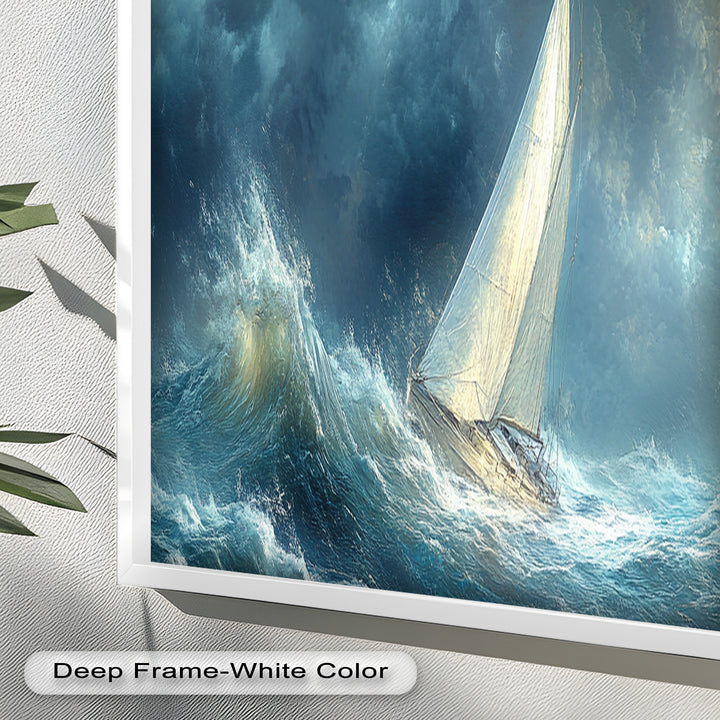 Into the Surge – Sailboat Battling Ocean Waves Oil Painting