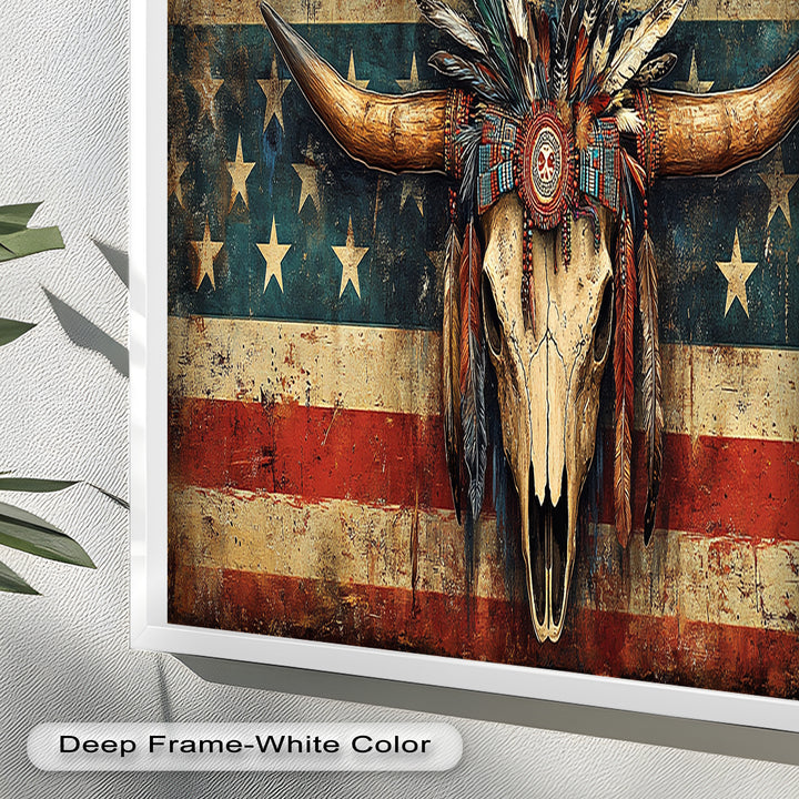 Tribal Longhorn Totenkopf mit Kopfschmuck – Amerikanisches Ölgemälde