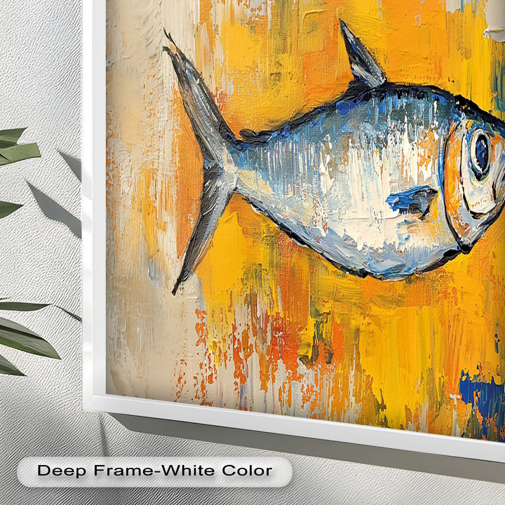 Blue Fish on Vibrant Yellow Background - Animal Oil Painting