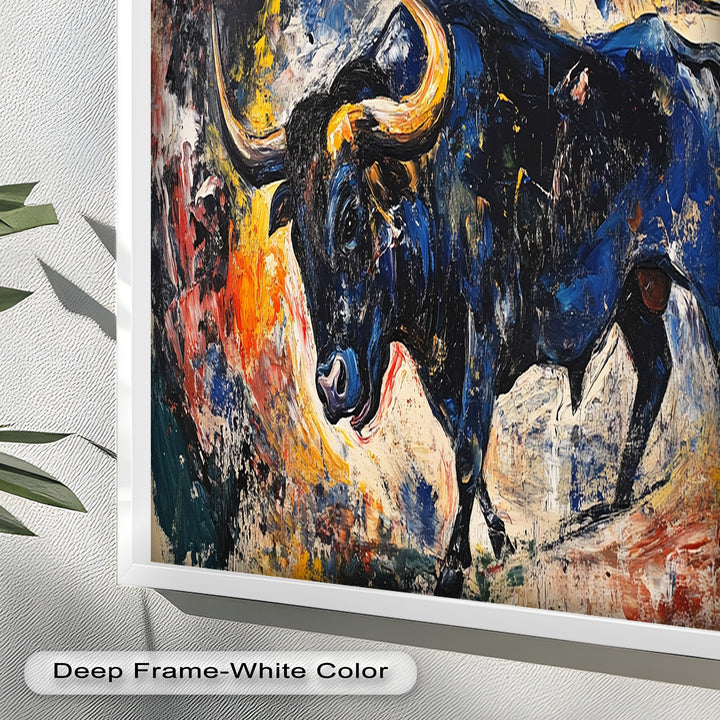 Fierce Blue Bull in Motion – Abstract Oil Painting