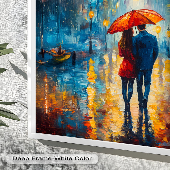 Romantic Couple Strolling Under Red Umbrella - Love Oil Painting