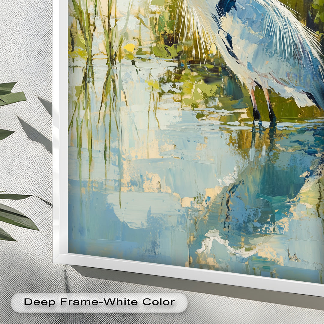 Heron Amid Textured Reflections - Animal Oil Painting