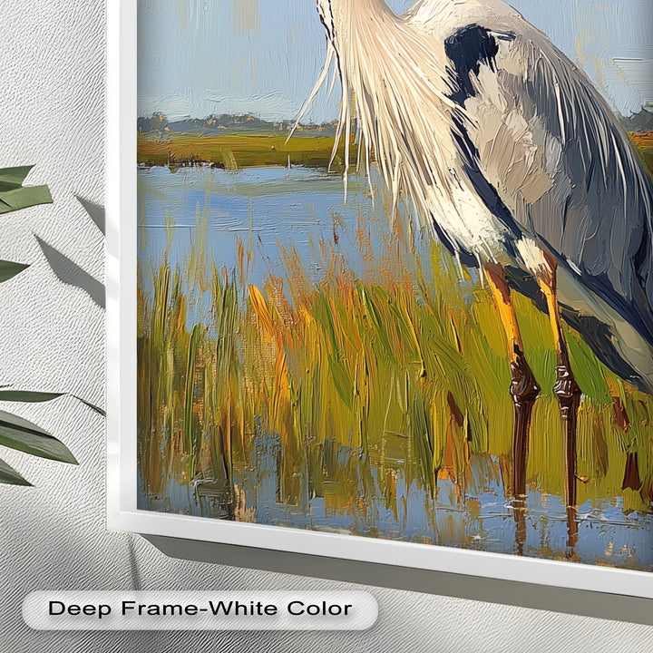 Heron in Sunlit Wetlands - Animal Oil Painting