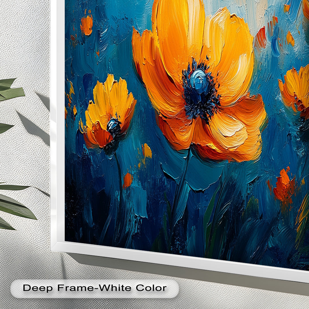 Orange Flowers on Deep Blue - Flower Oil Painting