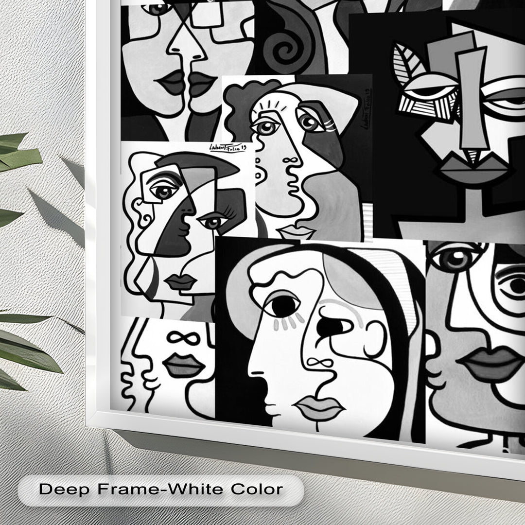 Monochrome Whispers – Collage of Cubist Faces Abstract Oil Painting