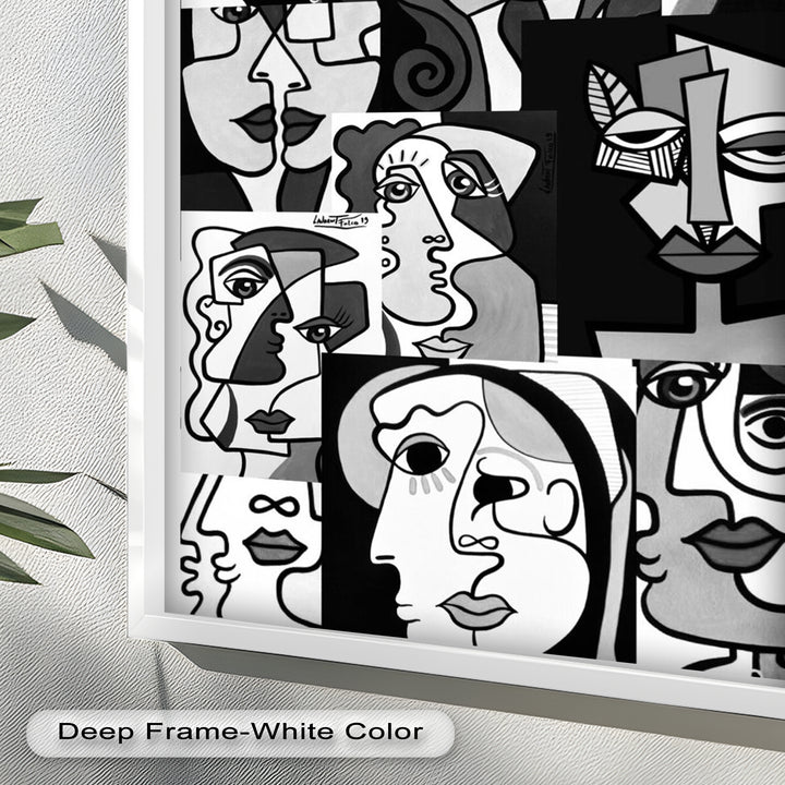 Monochrome Whispers – Collage of Cubist Faces Abstract Oil Painting