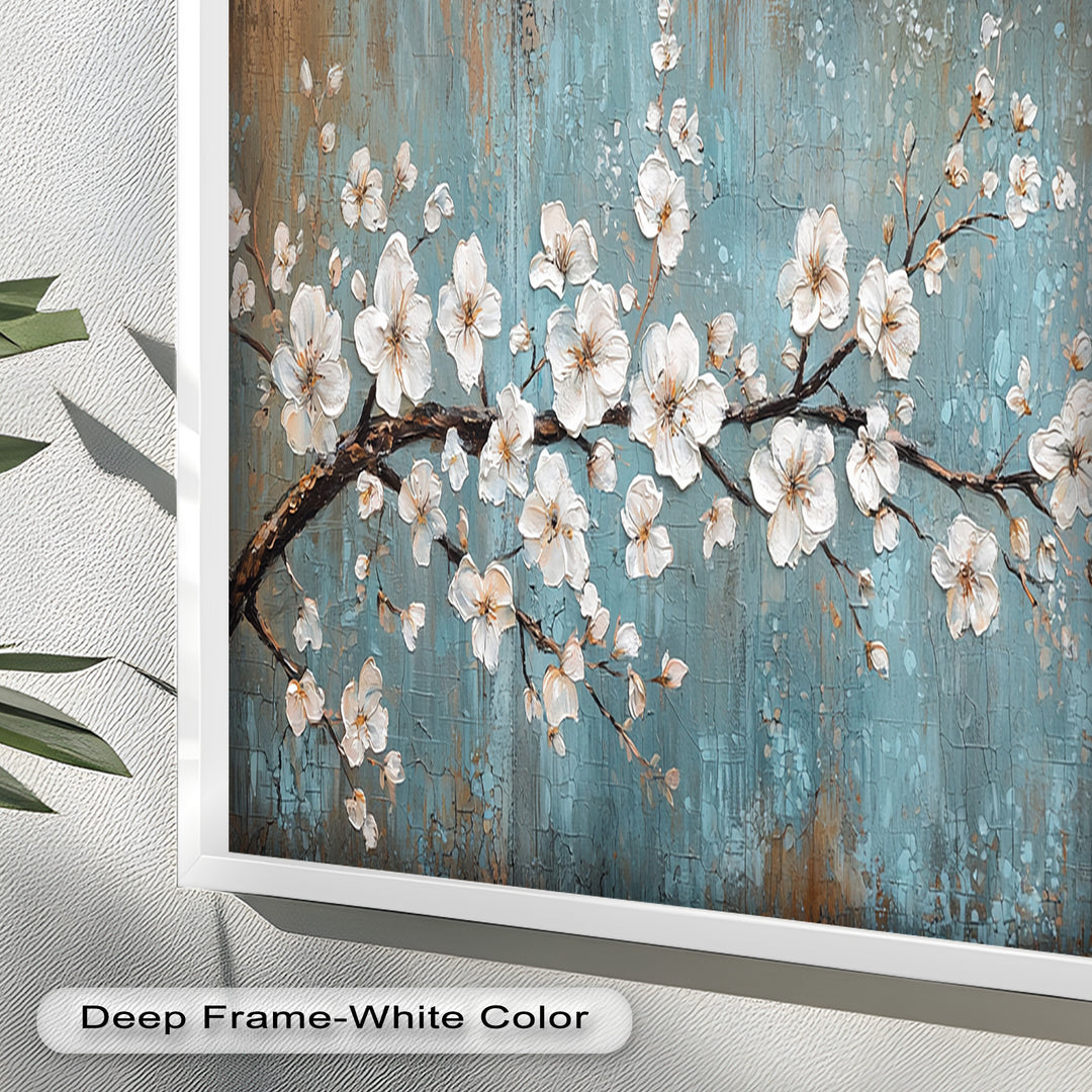 White Blossoms on Blue Textured Branch - Flower Oil Painting