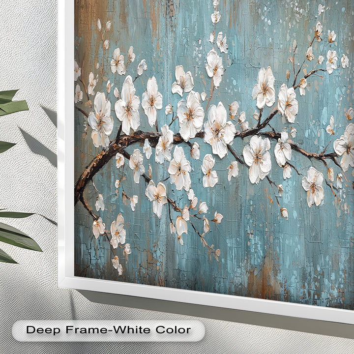 White Blossoms on Blue Textured Branch - Flower Oil Painting