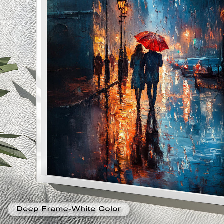 Romantic Couple in Rainy City - Love Oil Painting
