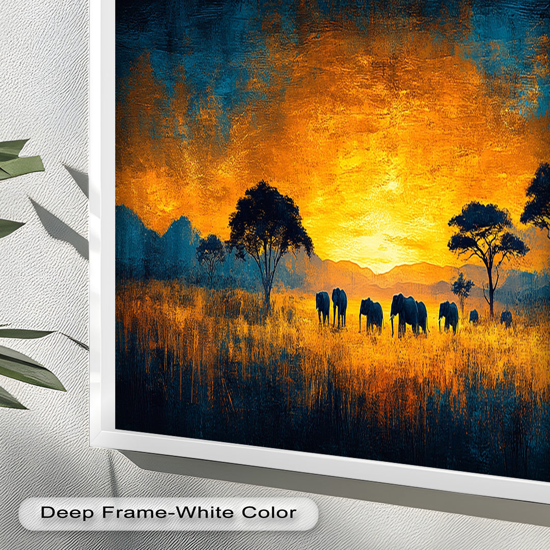 Golden Savannah Sunset – Elephant Silhouette Oil Painting