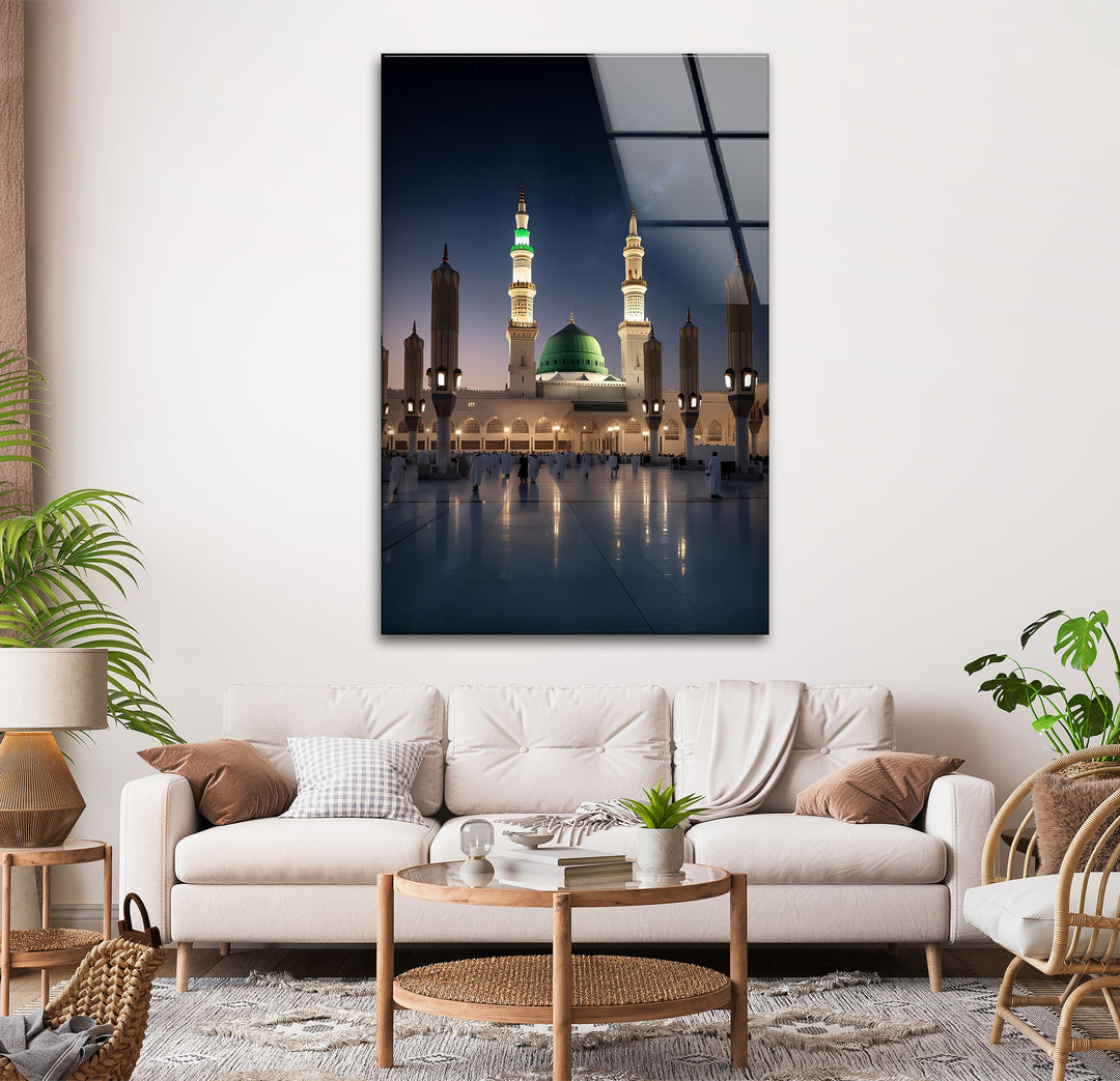 Moonlit Serenity – Prophet’s Mosque Medina Night Glass Wall Art