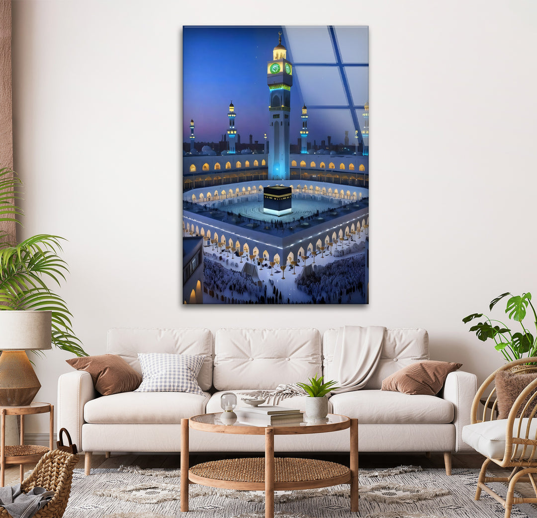 Divine Twilight – Kaaba Under the Night Sky Glass Wall Art