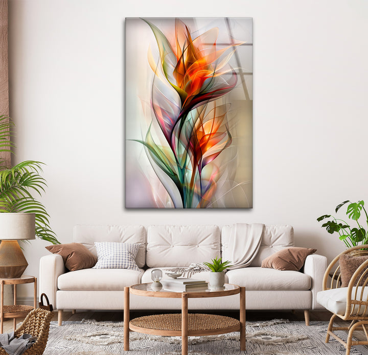 The stunning transition of radiant colors, from fiery orange to deep green, defines this abstract floral glass wall print.