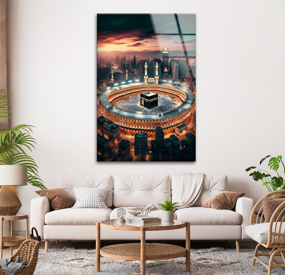Eternal Glow of Mecca – Kaaba Skyline Glass Wall Art
