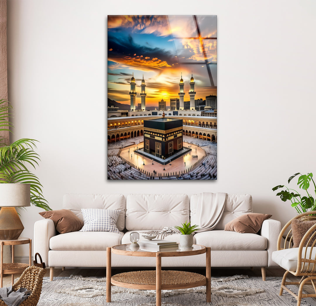 Radiant Faith – Kaaba Under Golden Sunset Glass Wall Art
