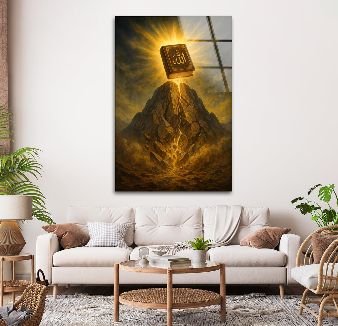 Divine Revelation – Holy Quran Light on the Mountain Glass Wall Art