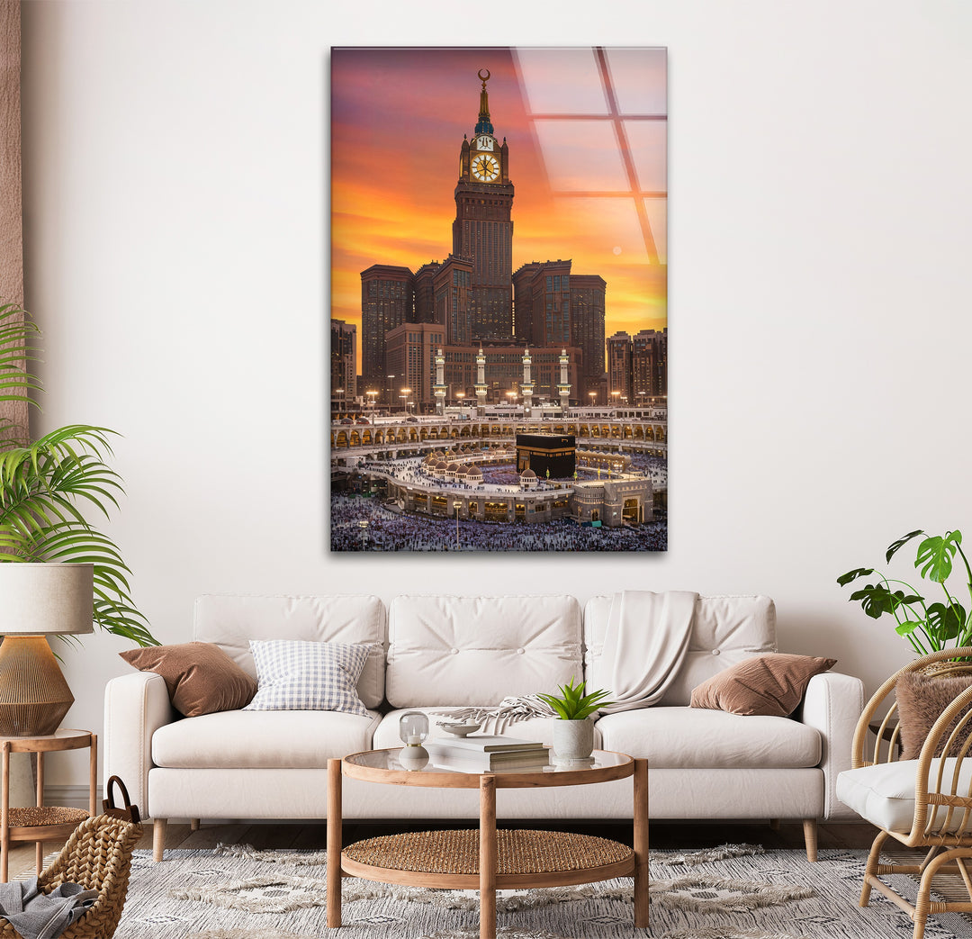 Golden Hour Majesty – Kaaba and Makkah Clock Tower Glass Wall Art