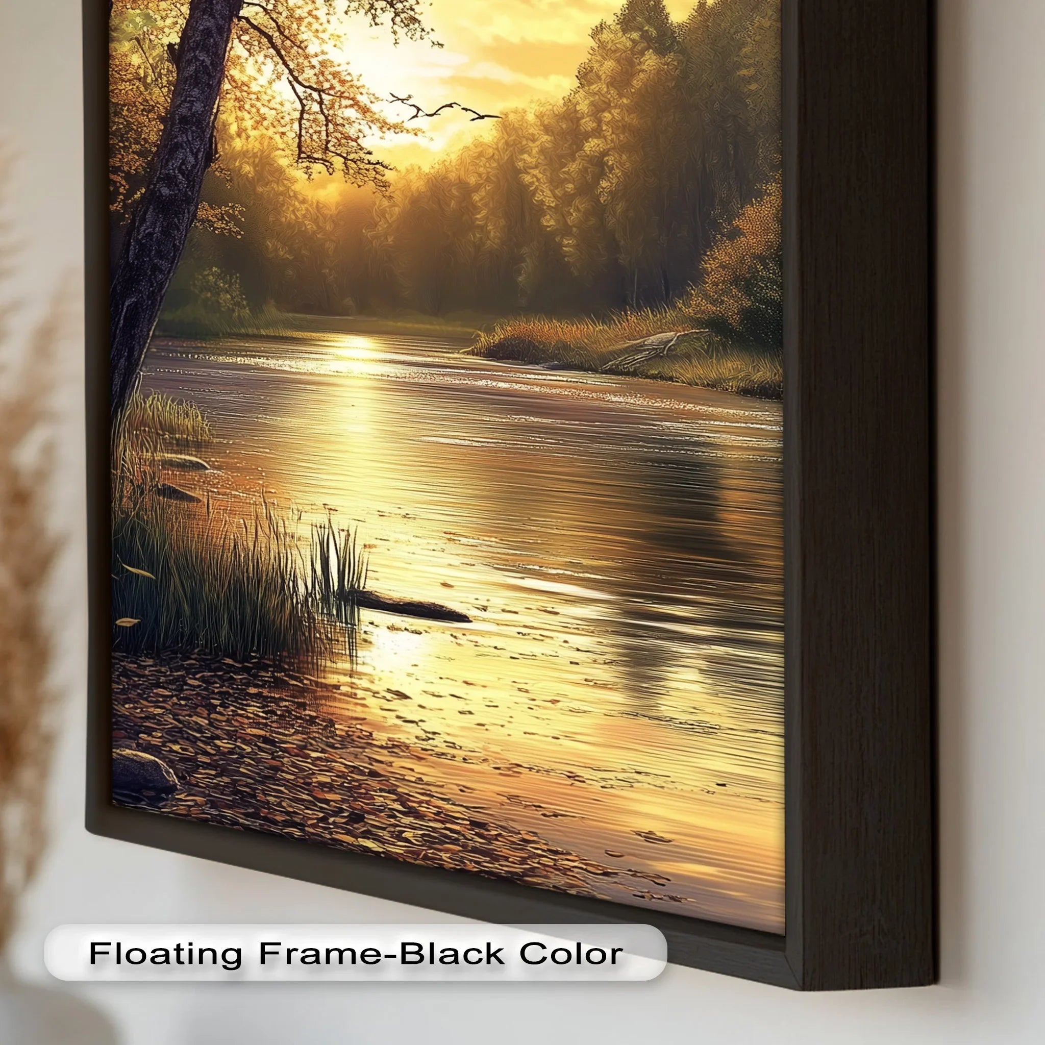 夕日 油彩画 ダークブラウンフレーム 約30cm x 40cm Autumn River Landscape Oil Painting – Sunset Wall Art – MyPhotoStation