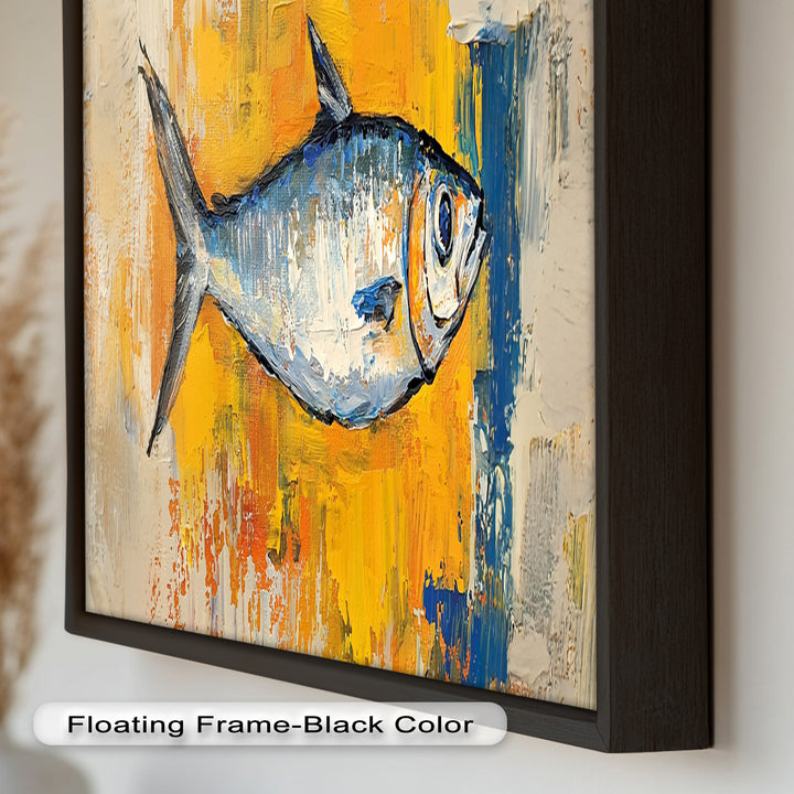 Blue Fish on Vibrant Yellow Background - Animal Oil Painting