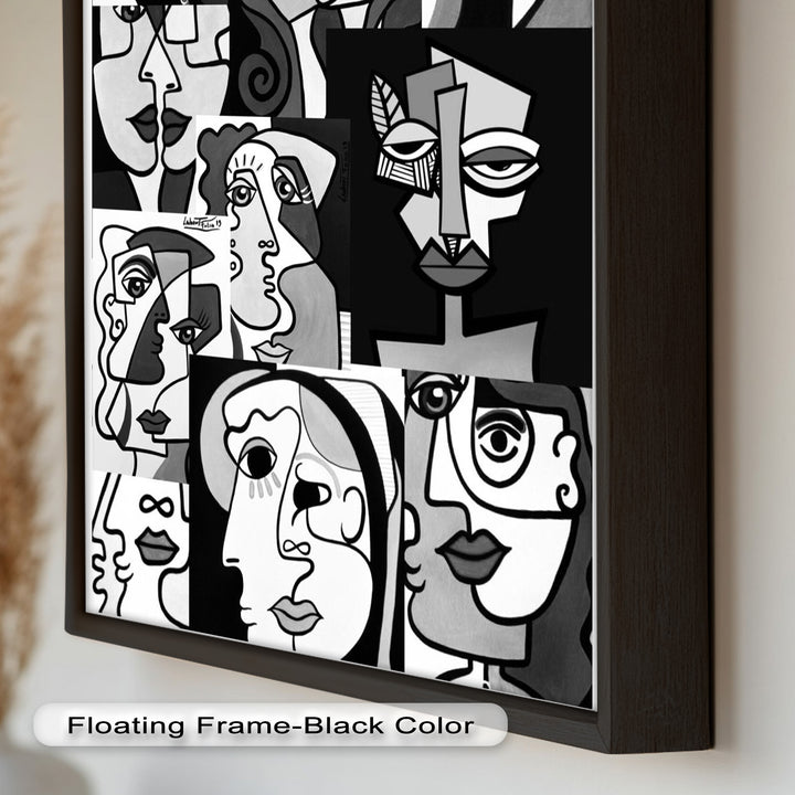 Monochrome Whispers – Collage of Cubist Faces Abstract Oil Painting