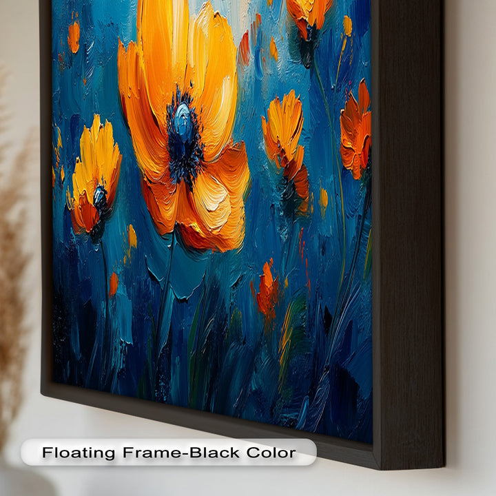Orange Flowers on Deep Blue - Flower Oil Painting