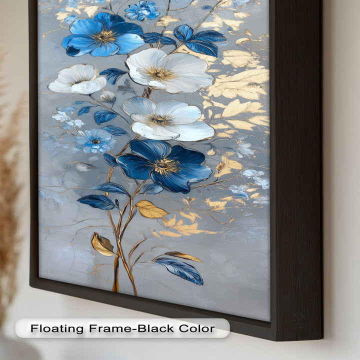 Blau-weiße Blüten Wandkunst – Blumenölgemälde