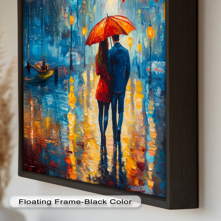 Romantic Couple Strolling Under Red Umbrella - Love Oil Painting