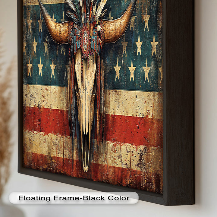 Tribal Longhorn Totenkopf mit Kopfschmuck – Amerikanisches Ölgemälde