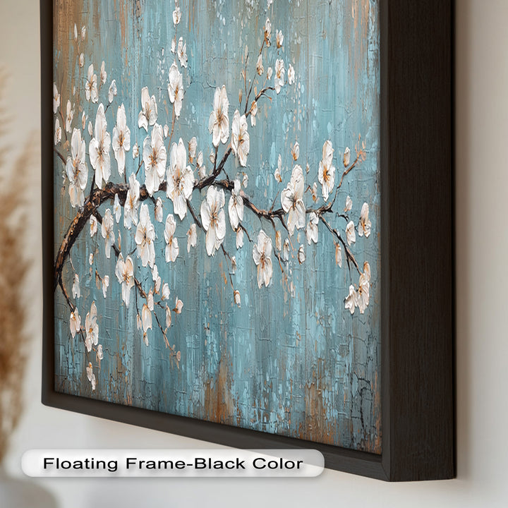 White Blossoms on Blue Textured Branch - Flower Oil Painting