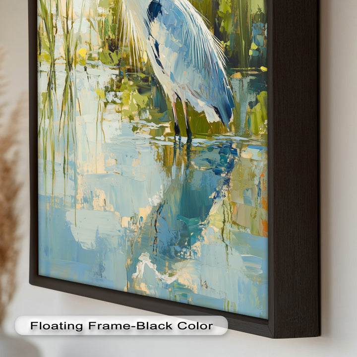 Heron Amid Textured Reflections - Animal Oil Painting
