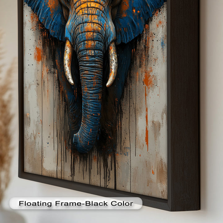 Blue and Orange Elephant Portrait - Animal Oil Painting