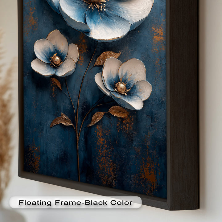 Deep Blue and Metallic Floral Elegance - Flower Oil Painting