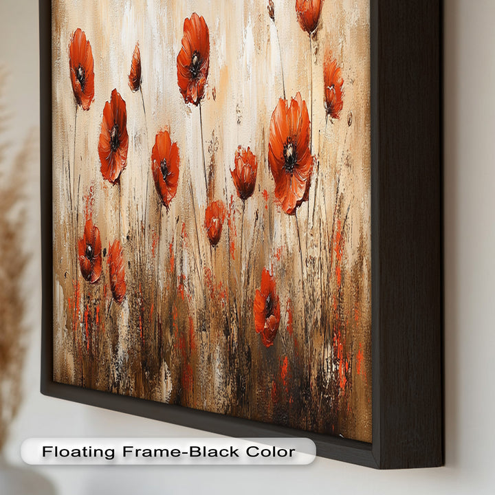 Red Poppies in Earth-Toned Harmony - Flower Oil Painting