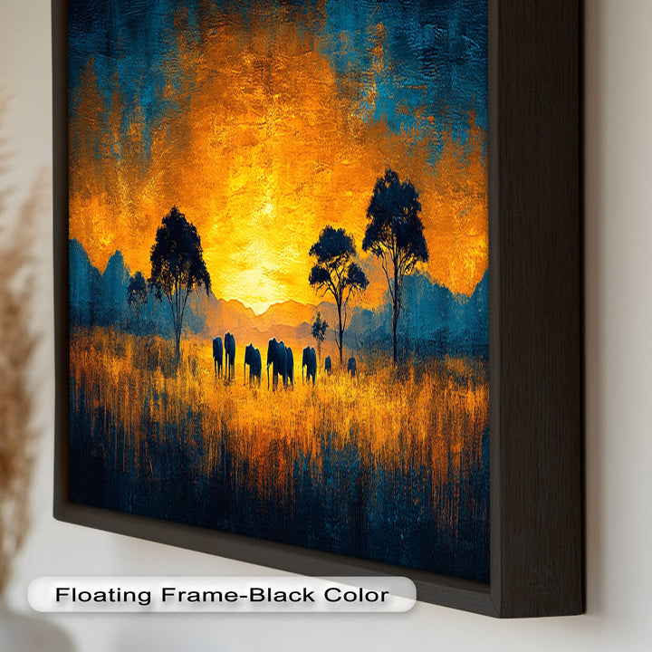 Golden Savannah Sunset – Elephant Silhouette Oil Painting
