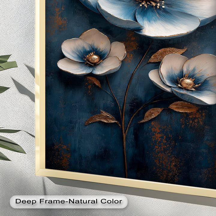 Deep Blue and Metallic Floral Elegance - Flower Oil Painting